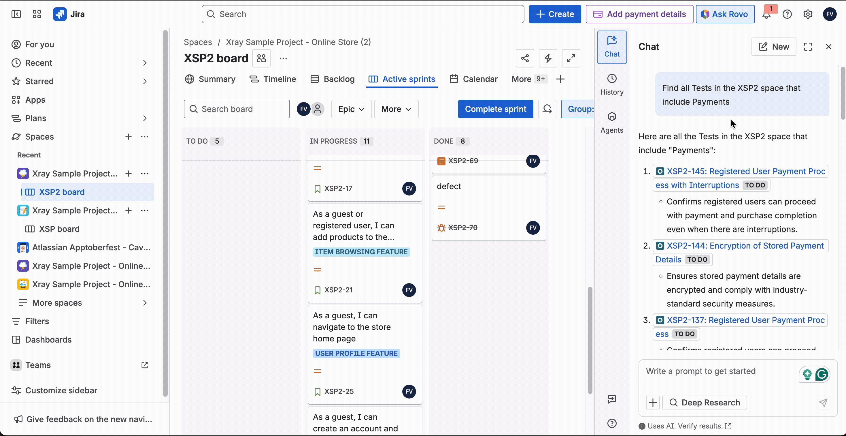 Rovo Search for Tests with Keywords