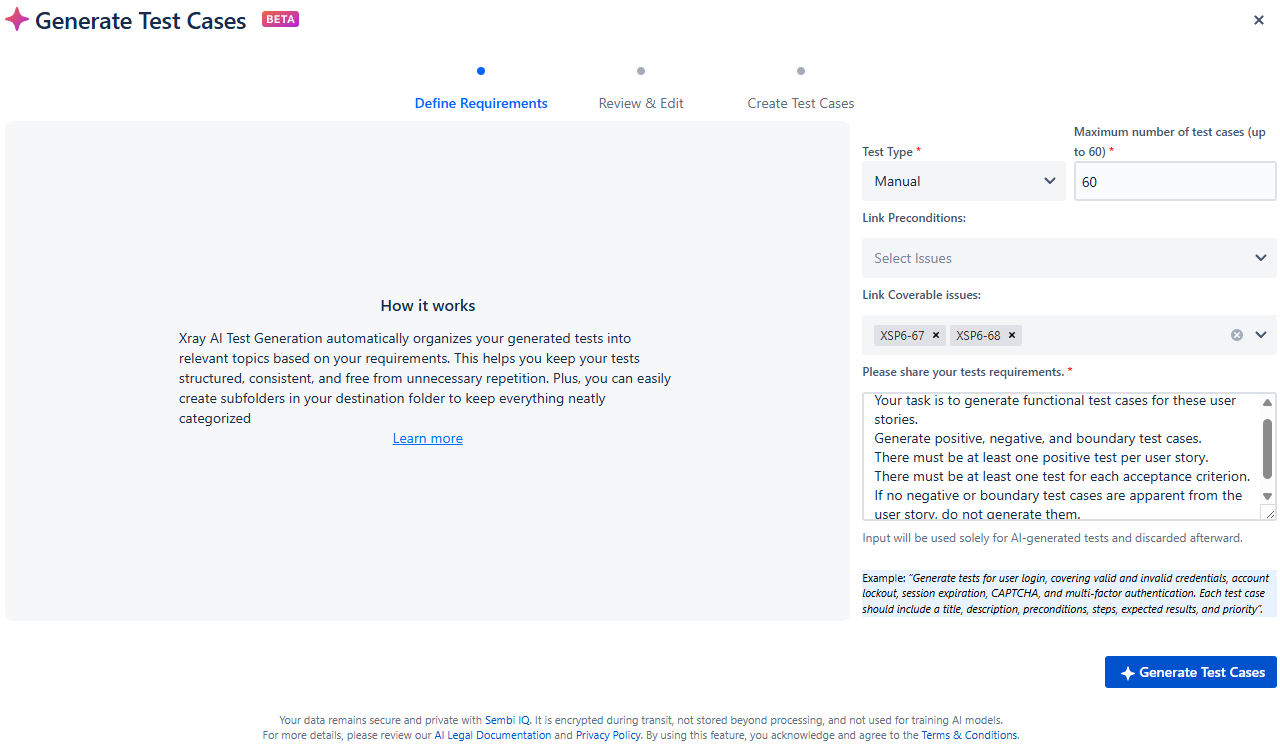 Xray AI Test Case Generation generate test cases with maximum number of tests 60